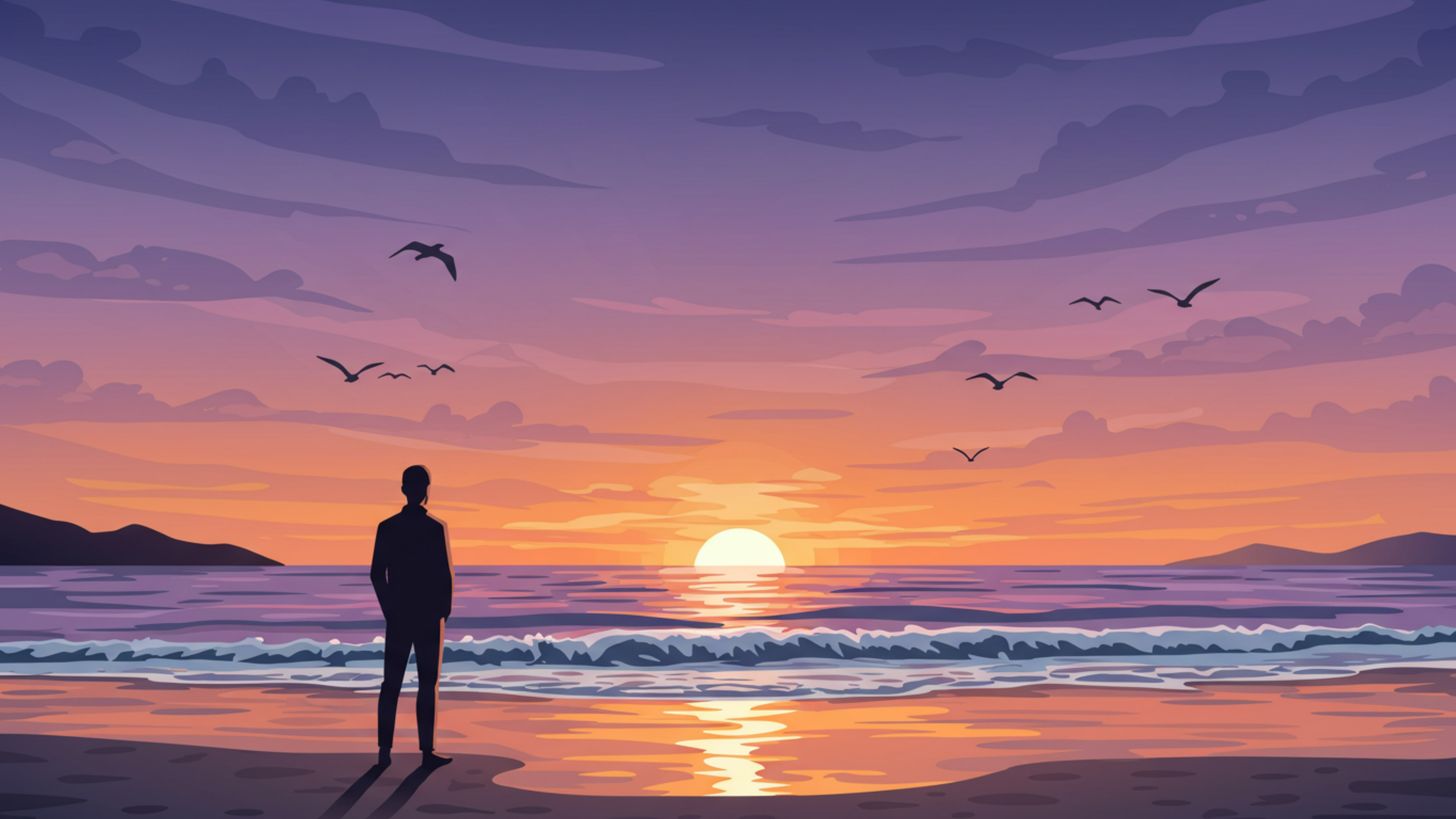 Illustration d'un homme contemplant un lever de soleil